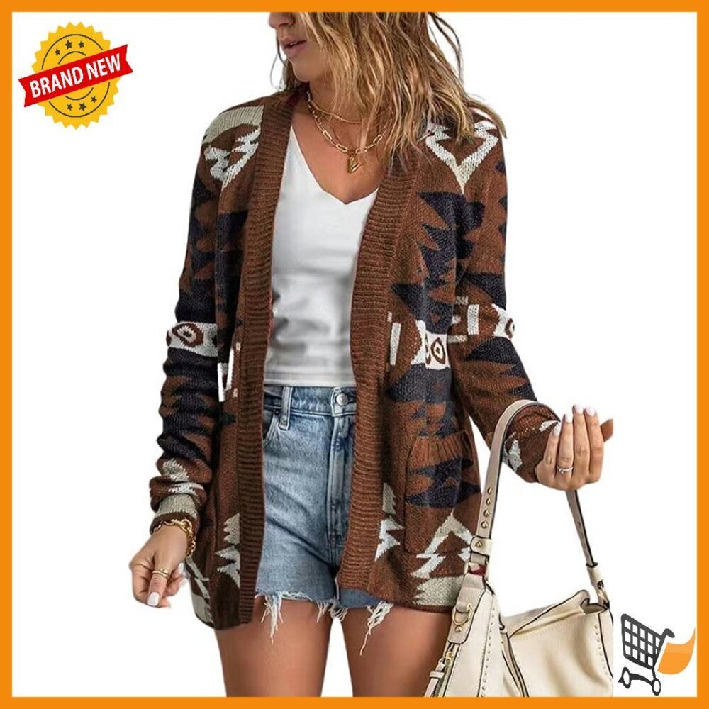 Open Front Aztec Print Knit Cardigan - Lightweight & Cozy - Multiple Sizes